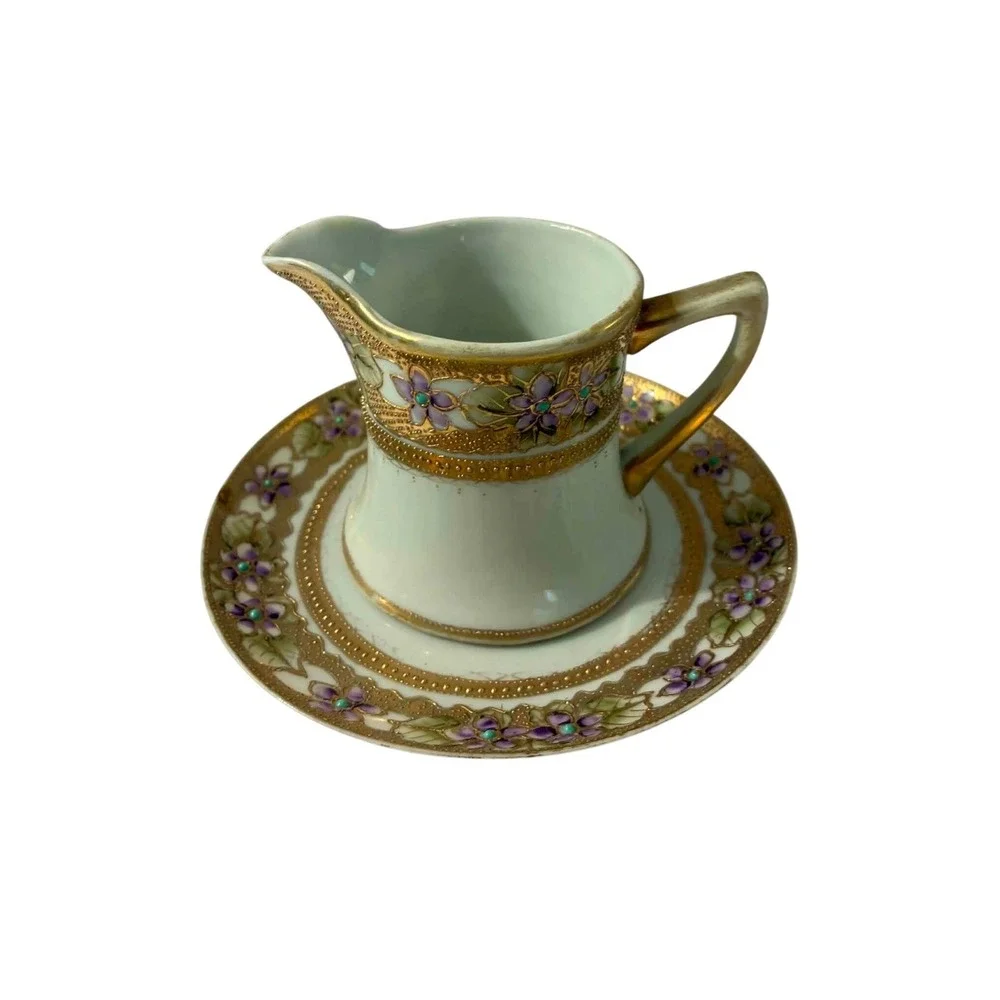 Vintage Hand Painted Japan Creamer & Underplate White Gold Floral Jeweled